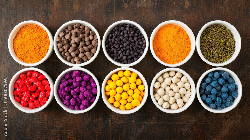 A vibrant array of colorful spices and ingredients in bowls, showcasing a rich diversity of textures and hues on a rustic wooden surface. A vibrant array of colorful spices and ingredients in bowls, showcasing a rich diversity of textures and hues on a rustic wooden surface.