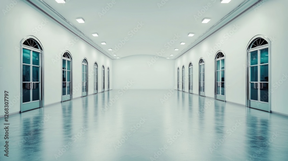 Fototapeta premium Minimalist White Hallway Interior Design Empty Room with Doors and Reflective Floor