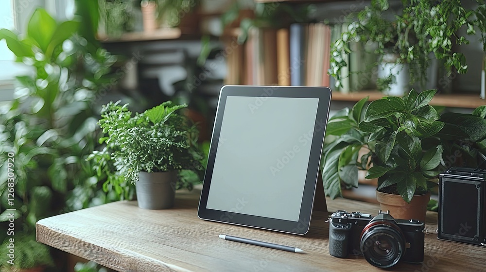 Modern workspace featuring a blank tablet, camera, and lush plants on a wooden table in a cozy environment Modern workspace featuring a blank tablet, camera, and lush plants on a wooden table in a cozy environment
