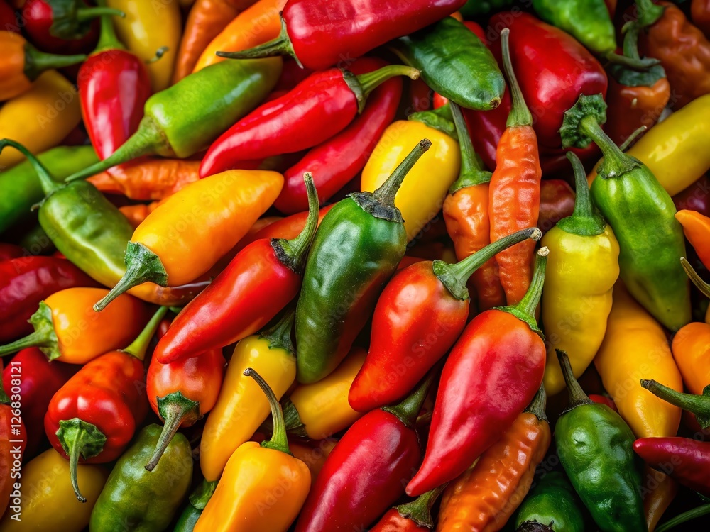 Vibrant Bird's Eye Chili Peppers Close-Up: Red, Green, Orange & Yellow Spicy Chilis Vibrant Bird's Eye Chili Peppers Close-Up: Red, Green, Orange & Yellow Spicy Chilis