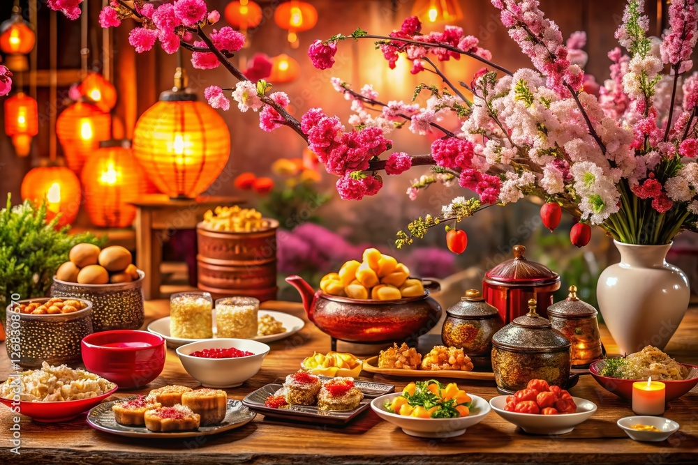 Fototapeta premium Vibrant Chinese New Year Feast with Spring Blossoms and Festive Decorations