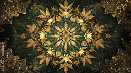 Golden Mandala of Cannabis Leaves on Dark Green Background Pattern