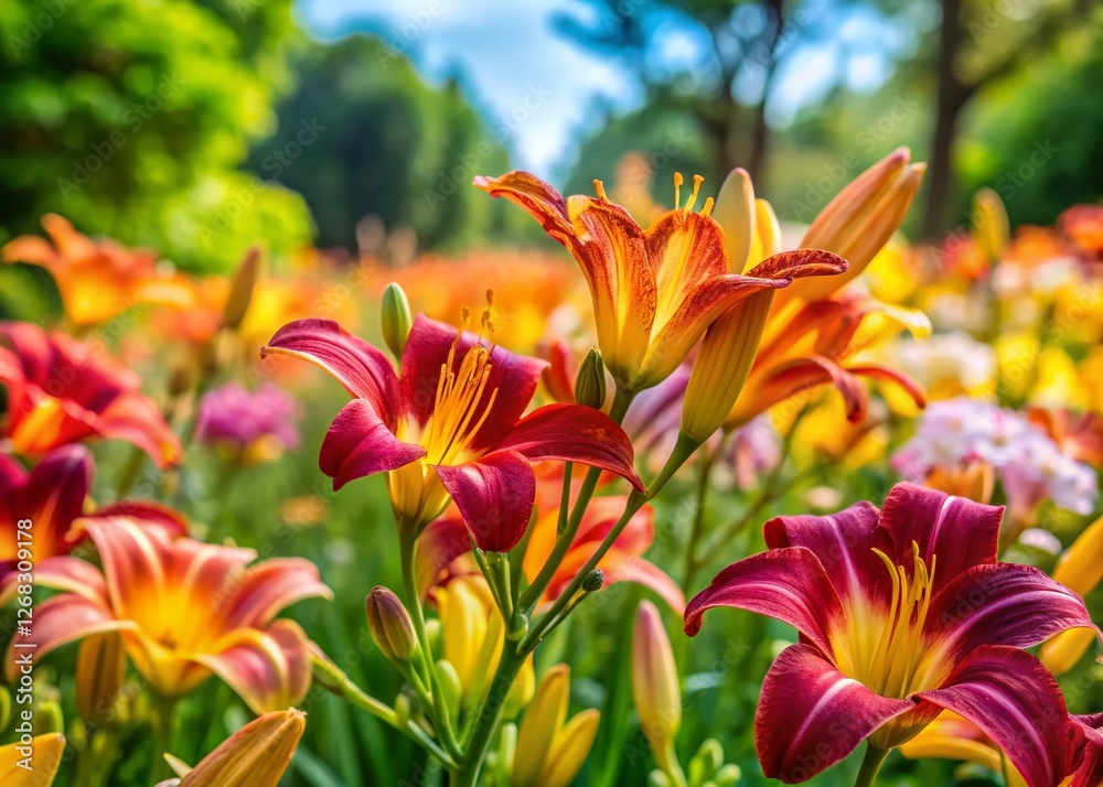 Fototapeta premium Vibrant Daylilies in Full Bloom on Sunny Flowerbed