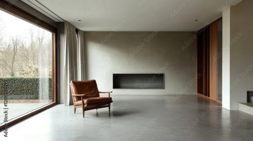 Fototapeta premium Modern living room, armchair, large window, garden view, minimalist design, interior design