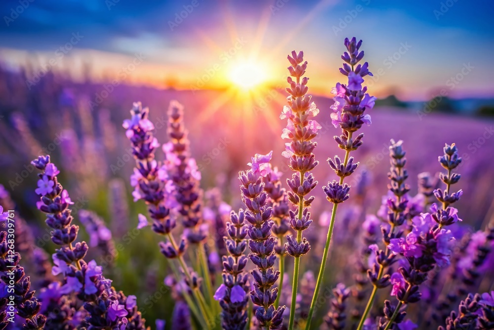 Vibrant French Lavender Field Macro Photography: Close-up Details of Purple Blossoms