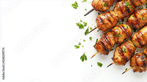 Grilled chicken skewers, perfectly charred, adorned with fresh parsley