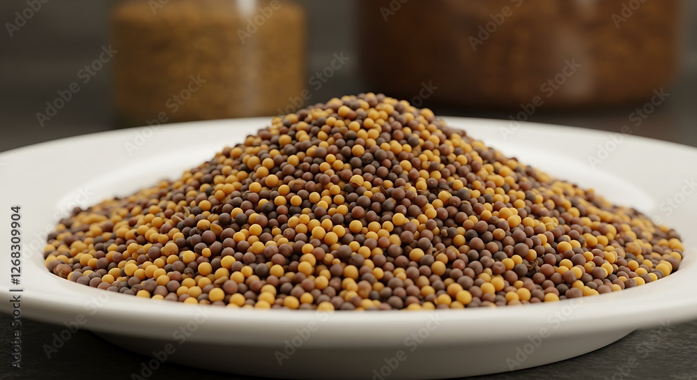 A mixture of black, yellow, and brown mustard seeds displayed on a plate.
