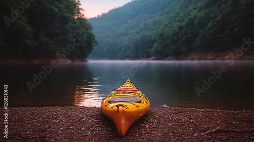 Serene Sunrise Kayak Lake  Peaceful Waterscape  Nature Photography photo