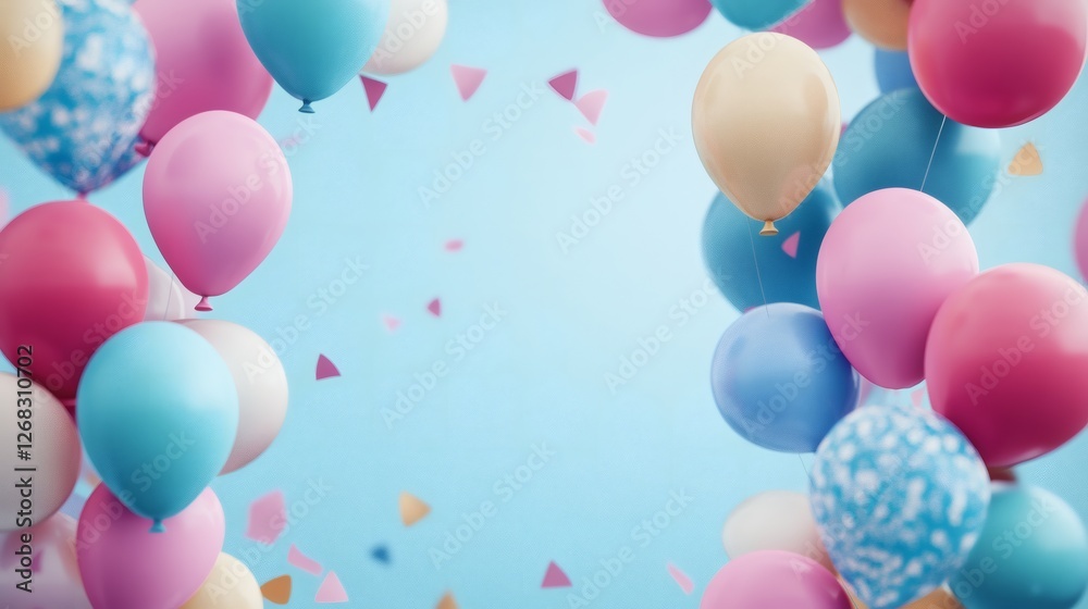 Colorful Balloons and Confetti on a Light Blue Background Colorful Balloons and Confetti on a Light Blue Background