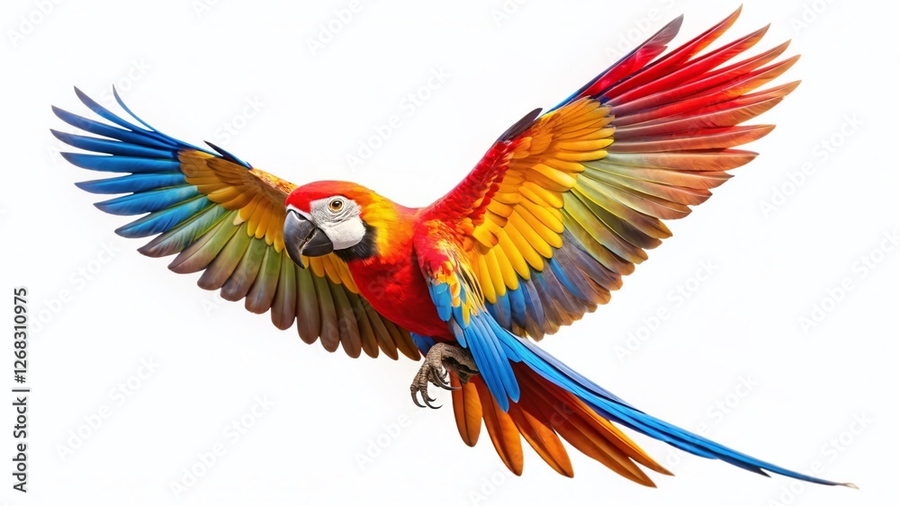 Fototapeta premium Vibrant Macaw in Flight: Stunning Aerial Photography of a Colorful Parrot Against a Pure White Background