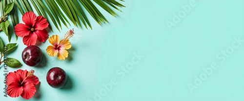 Bahamas Seasonal Transition: Tropical Hibiscus Flowers, Plums, and Palm Leaves on Turquoise Background for Summer-Themed Designs and Health Blogs