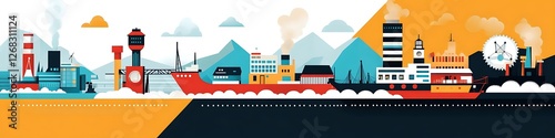 Wallpaper Mural Industrial Cityscape Featuring Cargo Ship and Factory Complex Torontodigital.ca