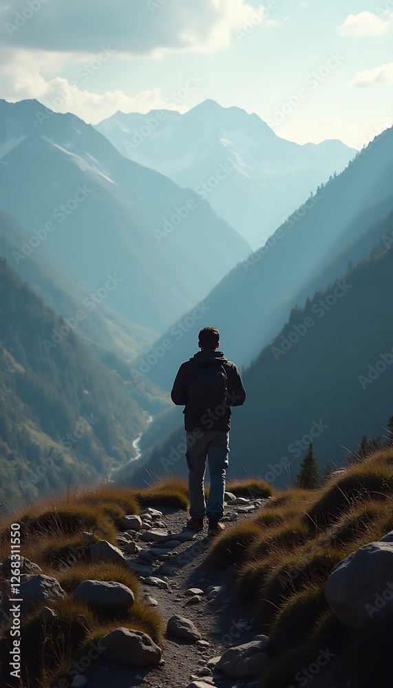 Fototapeta premium Generative AI image of a hiker looking at mountain valley views