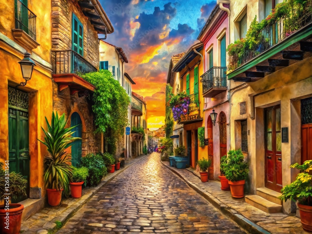 Vibrant Oil Painting Street Scene, Classic Cityscape Art Print, Colorful Old Town, HD Retro Artwork, Neoclassical Style Vibrant Oil Painting Street Scene, Classic Cityscape Art Print, Colorful Old Town, HD Retro Artwork, Neoclassical Style