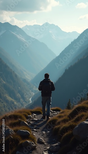 Generative AI image of a hiker looking at mountain valley views