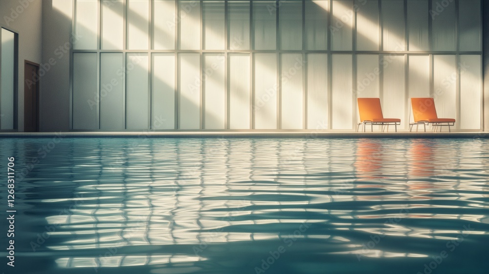 Fototapeta premium Tranquil Indoor Pool with Reflections and Stylish Orange Chairs