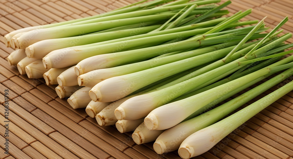 Fresh lemongrass stalks, neatly arranged on a bamboo mat.