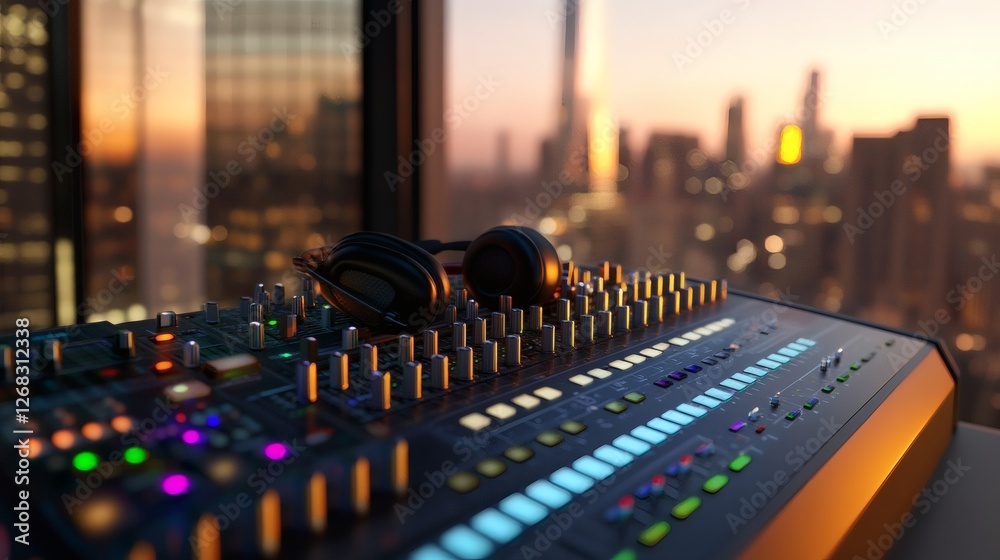 Obraz premium Mixing Console with Headphones at Sunset in City Skyline Background