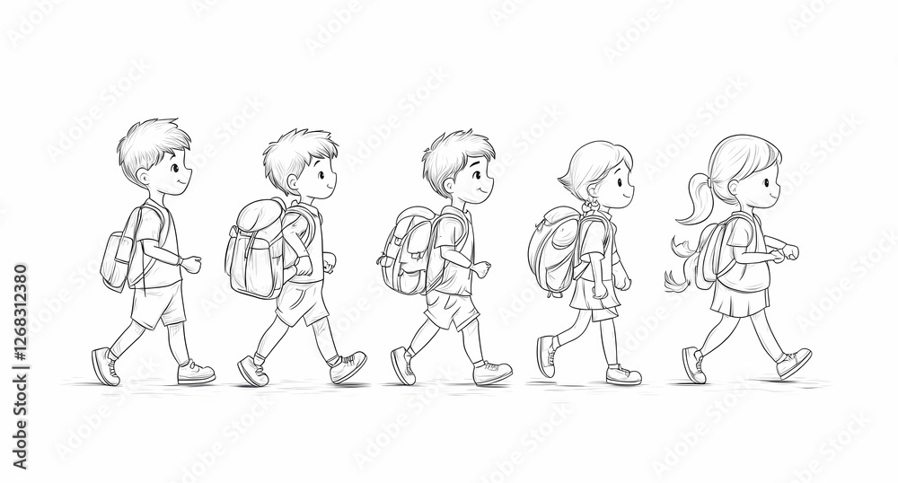 Back to School: A line of elementary students are walking forward with school bags Back to School: A line of elementary students are walking forward with school bags