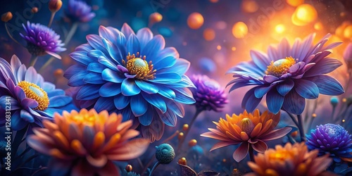 Vibrant Purple Floral Background: Blue and Orange Flowers Abstract Art