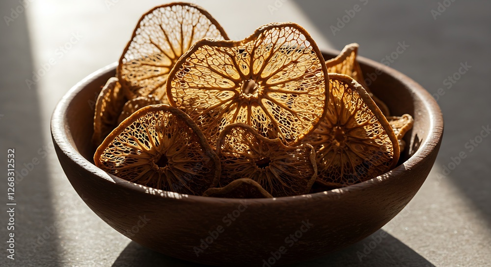 Dried mace blades with their delicate, lace-like structure in a wooden bowl. Dried mace blades with their delicate, lace-like structure in a wooden bowl.
