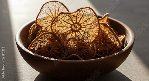 Dried mace blades with their delicate, lace-like structure in a wooden bowl. photo