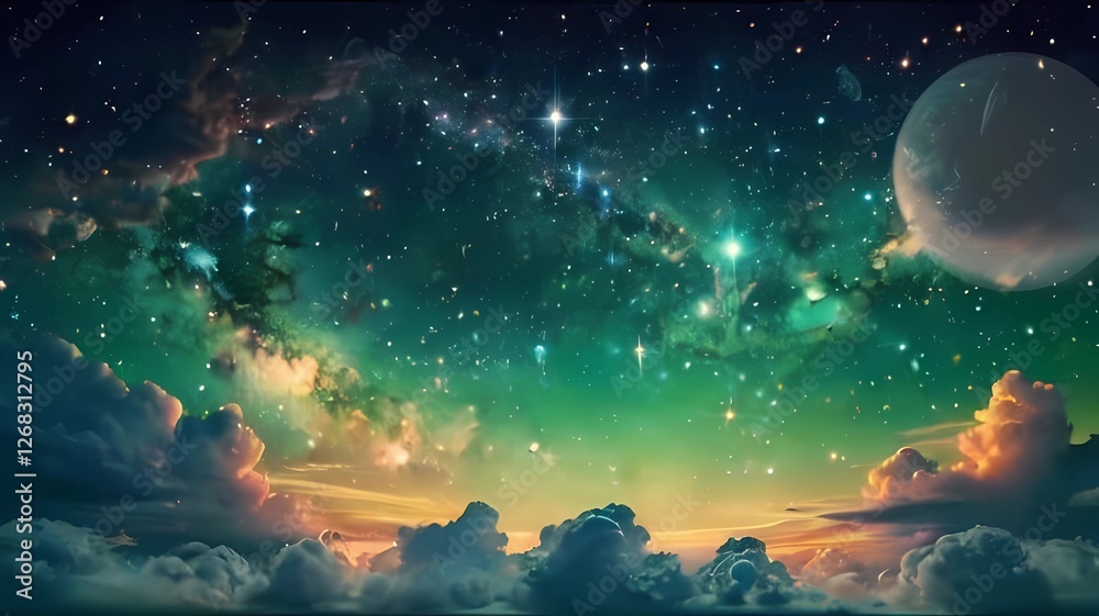 ゲーム背景 美しい緑と金色の光がある壮大な星空風景 ゲーム背景 美しい緑と金色の光がある壮大な星空風景