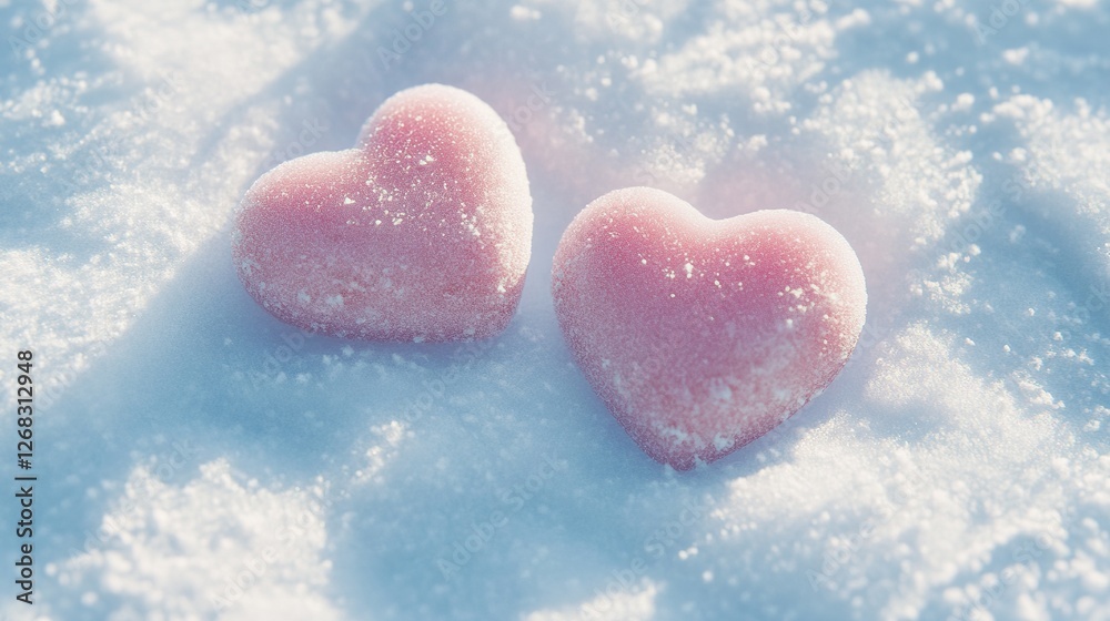 Fototapeta premium Two heart-shaped candies nestled in pristine white snow, symbolizing love and sweetness in a serene winter setting.
