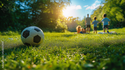 A soccer ball rests in the grass as a family enjoys a sunny afternoon, embracing play, laughter, and togetherness in nature.