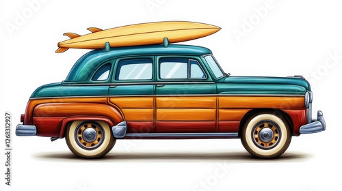 Classic Woody Wagon with Surfboard on White Background