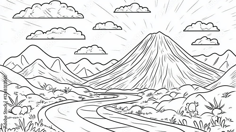 Fototapeta premium Serene Mountain Landscape Black and White Line Art Drawing Peaceful Nature Scene Illustration Simple Graphic Design Element Artistic Nature 