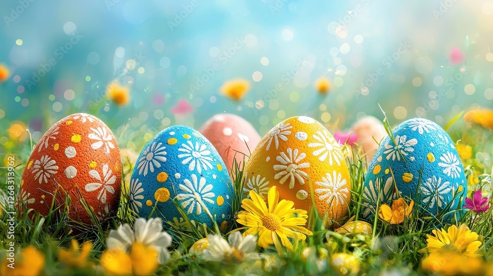 Colorful Easter Eggs in Vibrant Spring Field with Flowers Colorful Easter Eggs in Vibrant Spring Field with Flowers
