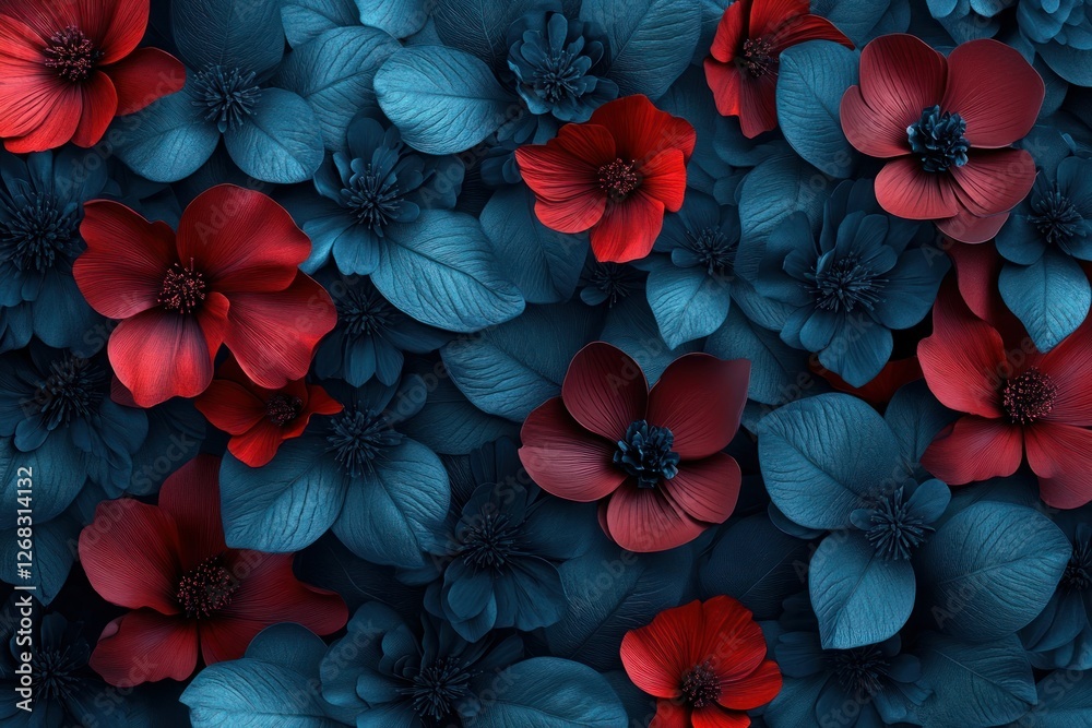 Fototapeta premium Dark cyan and crimson flowers arranged in a hyper-detailed 3D design, creating a mysterious, elegant wallpaper with intricate textures.