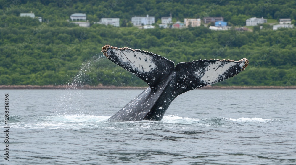 Obraz premium Whale tail fluke, ocean dive, coastal town background, wildlife photography