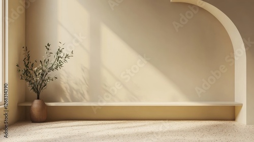 Minimalist beige room, sunlit alcove, plants, shelf
