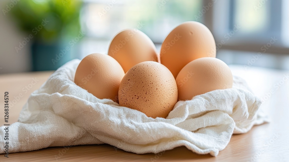 Fresh Organic Eggs in a Cloth Nest on Wooden Table Surface Fresh Organic Eggs in a Cloth Nest on Wooden Table Surface