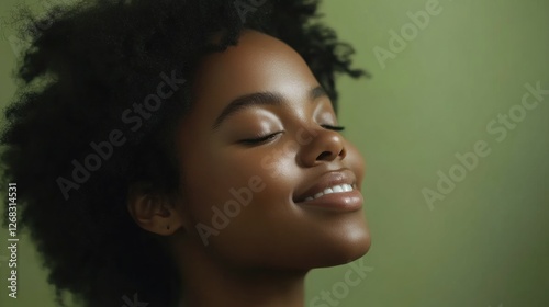 Side view of cheerful young African American female millennial with Coily hair and perfect skin smiling brightly with closed eyes against green background