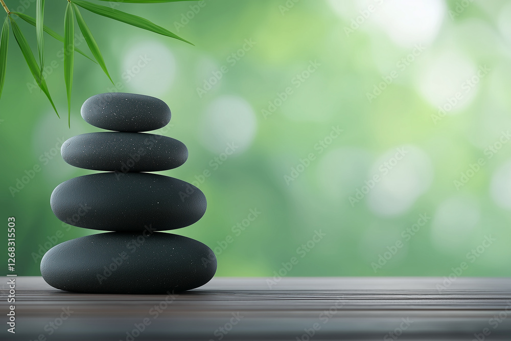 Zen black stones stacked on a wooden surface with bamboo leaves, soft green blurred background, peaceful meditation, balance, harmony, spa relaxation, mindfulness Zen black stones stacked on a wooden surface with bamboo leaves, soft green blurred background, peaceful meditation, balance, harmony, spa relaxation, mindfulness