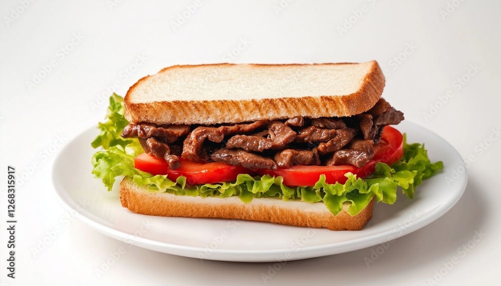 Bulgogi Sandwich beef meat with lettuce, tomato slice and bun bread on white plate Bulgogi Sandwich beef meat with lettuce, tomato slice and bun bread on white plate