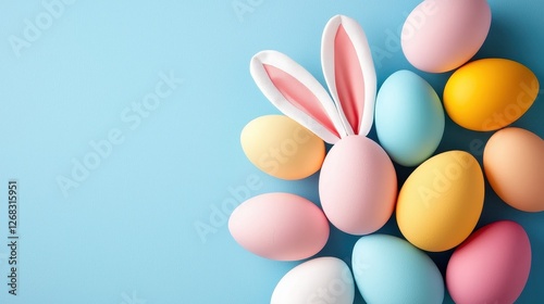 Colorful Easter Eggs with Bunny Ears on Light Blue Background