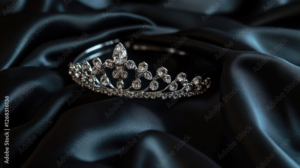 silver tiara with diamonds on black silk silver tiara with diamonds on black silk