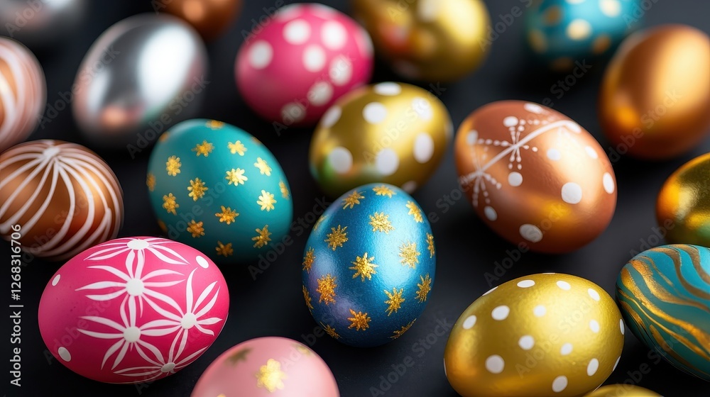 Colorful Easter Eggs with Intricate Patterns on a Dark Surface Colorful Easter Eggs with Intricate Patterns on a Dark Surface