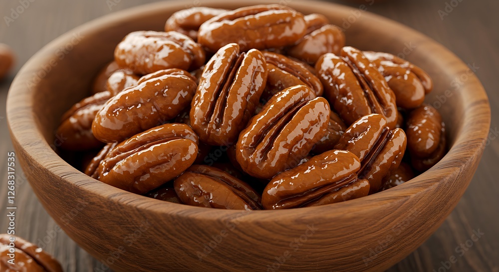 A dish filled with pecans coated in a shiny caramel glaze. A dish filled with pecans coated in a shiny caramel glaze.