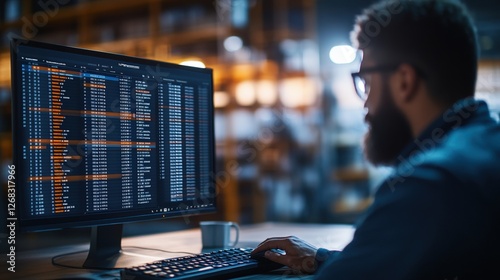 Warehouse worker sitting at a computer reviewing a spreadsheet with data analysis on the screen