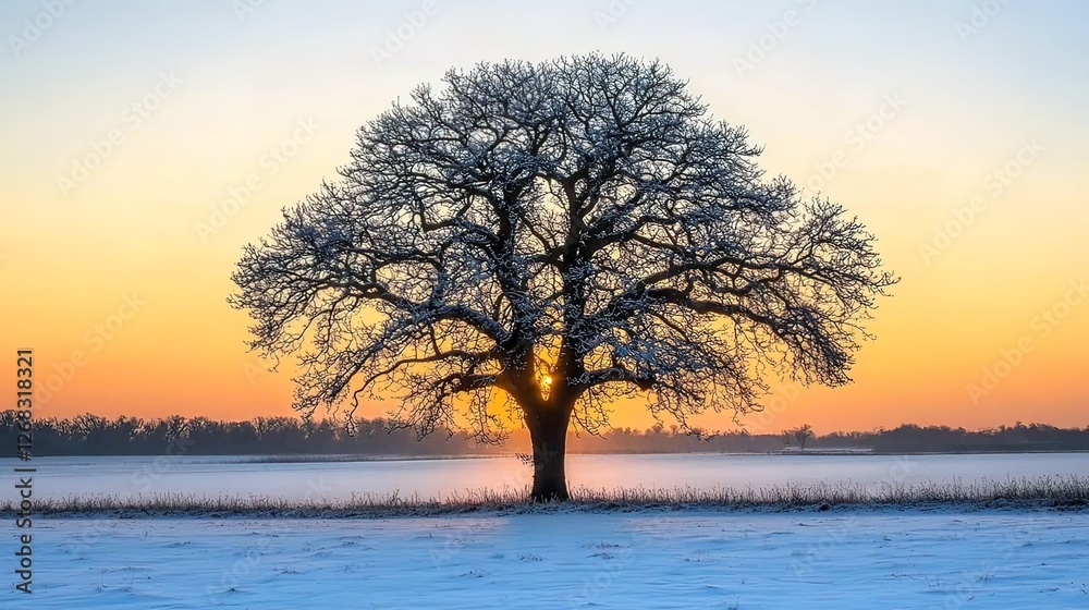 A solitary tree, covered in frost, stands in a snowy field at sunrise. A solitary tree, covered in frost, stands in a snowy field at sunrise.