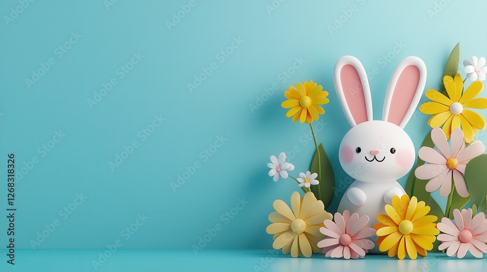Obraz premium Cute Bunny Figurine Surrounded by Colorful Spring Flowers