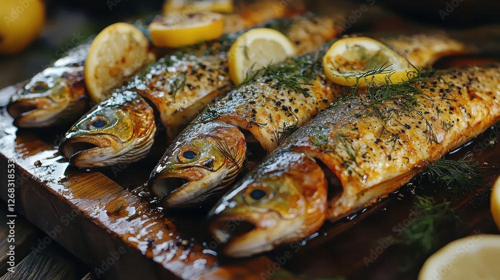 Roasted trout, adorned with dill and lemon, served on a wooden platter for a natural aesthetic. Roasted trout, adorned with dill and lemon, served on a wooden platter for a natural aesthetic.