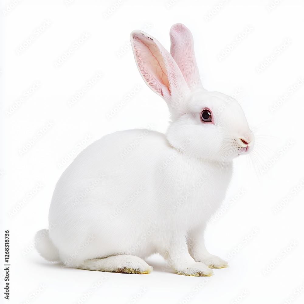 Fototapeta premium Charming White Rabbit with Pink Ears Sitting Gracefully on a Soft White Background