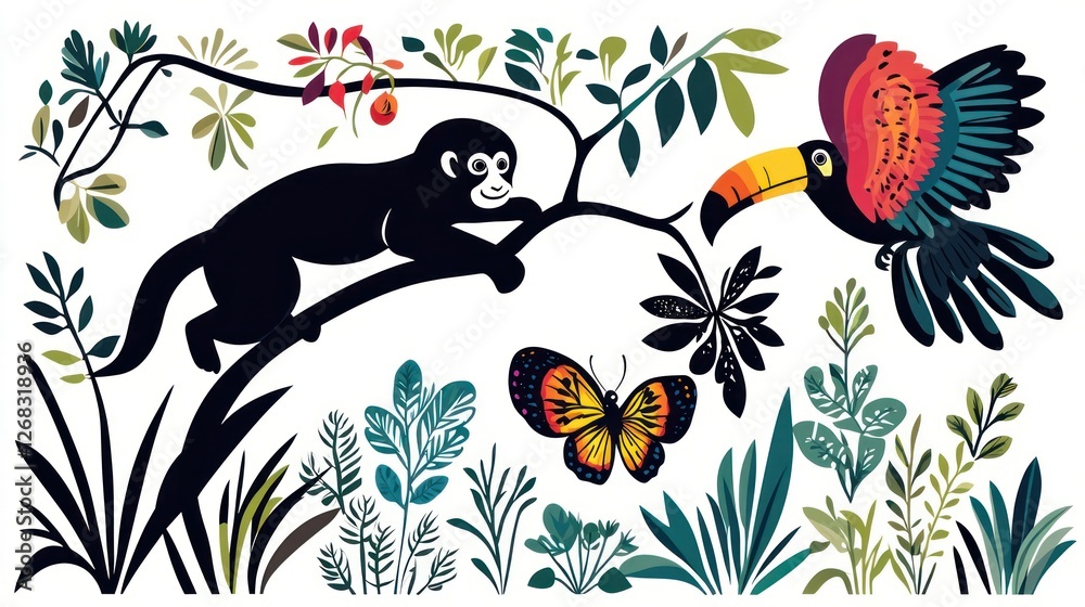 Obraz premium Monkey, toucan, butterfly in jungle; vibrant illustration for kids' book