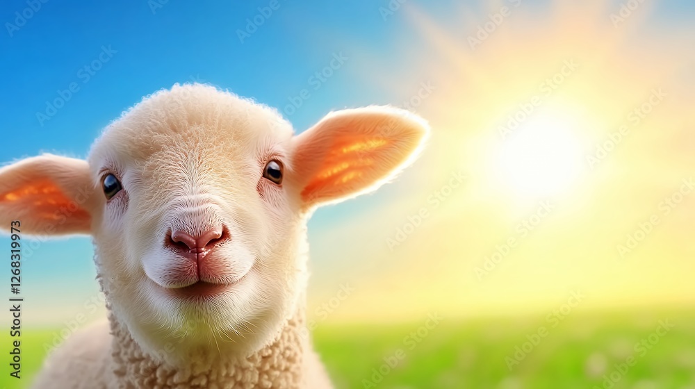 Fototapeta premium Close-Up of a Playful Lamb in a Green Meadow Under a Bright Sunny Sky